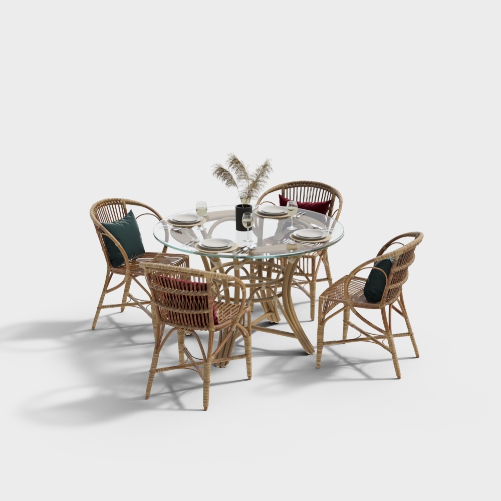 Elegant Outdoor Dining Set 3D Model – Woven Chairs & Glass Table