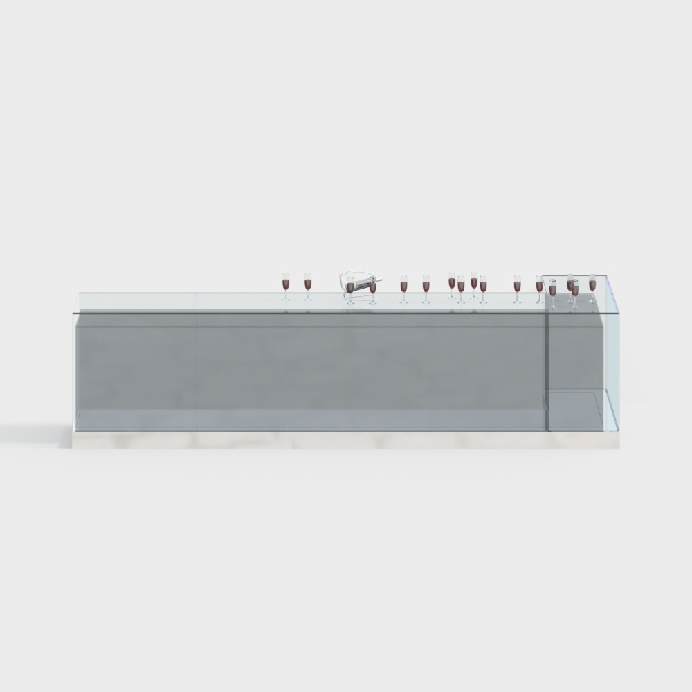 Modern long grey bar counter with glass top and wine glasses on white background