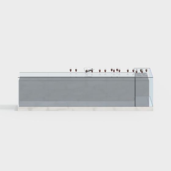 Modern long grey bar counter with glass top and wine glasses on white background