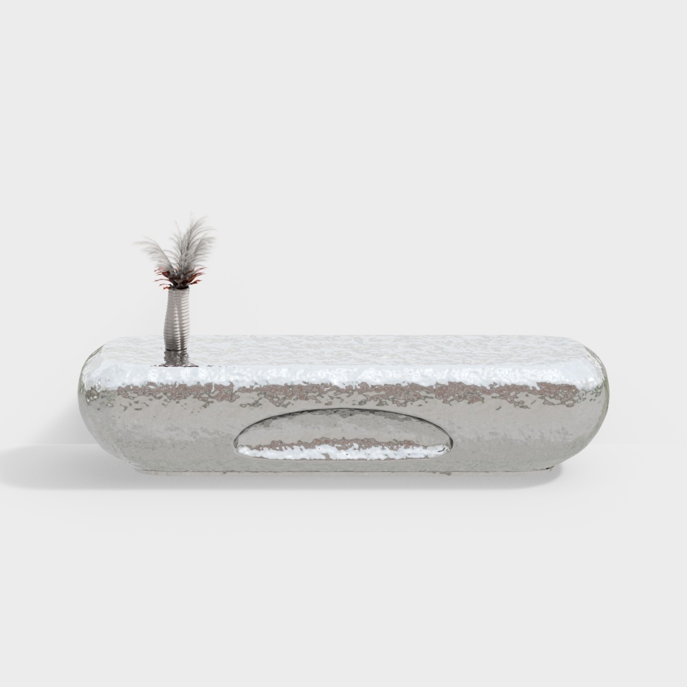 Modern silver metal coffee table with oval cutout and small plant on white background