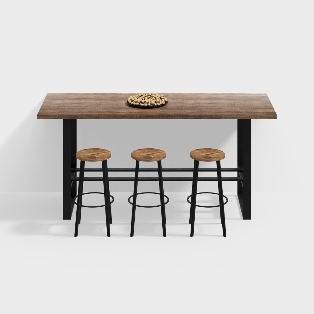 Modern long wooden dining table with three matching stools and black metal legs on white background