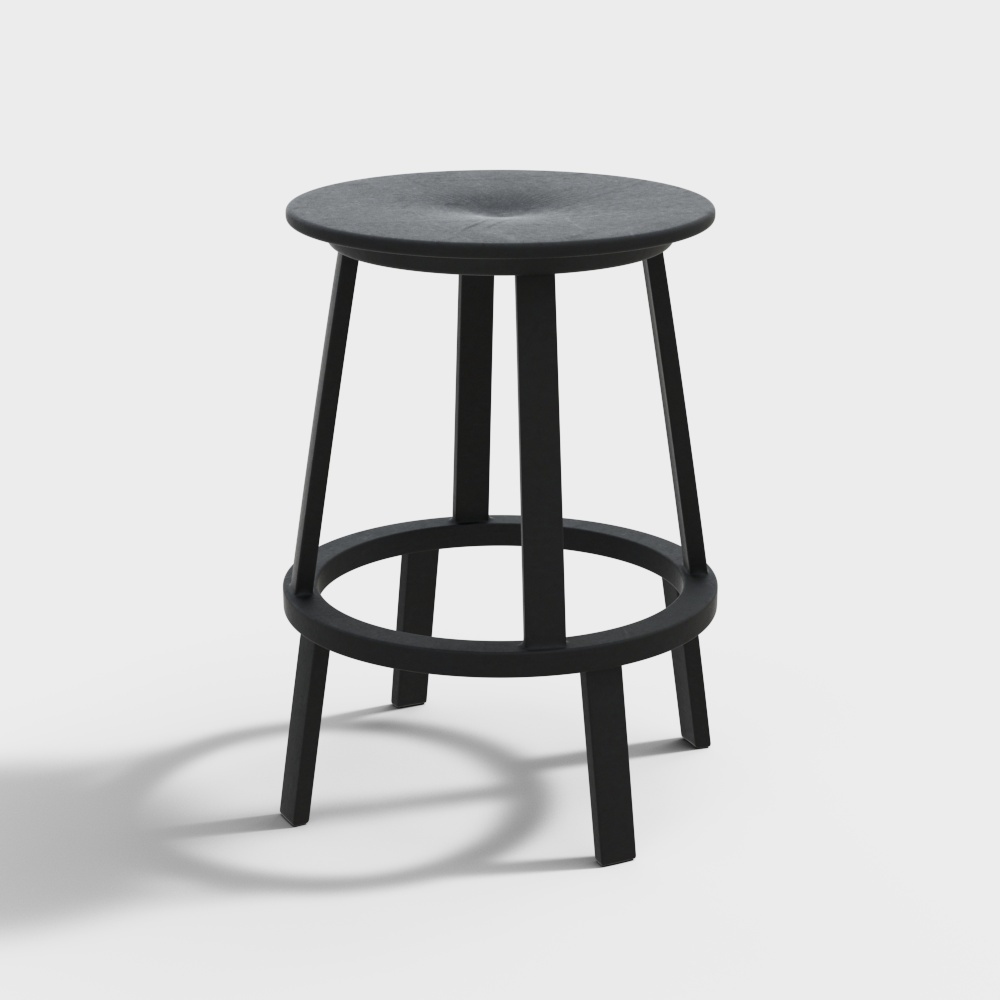 Modern black wooden stool with round seat and four legs on white background