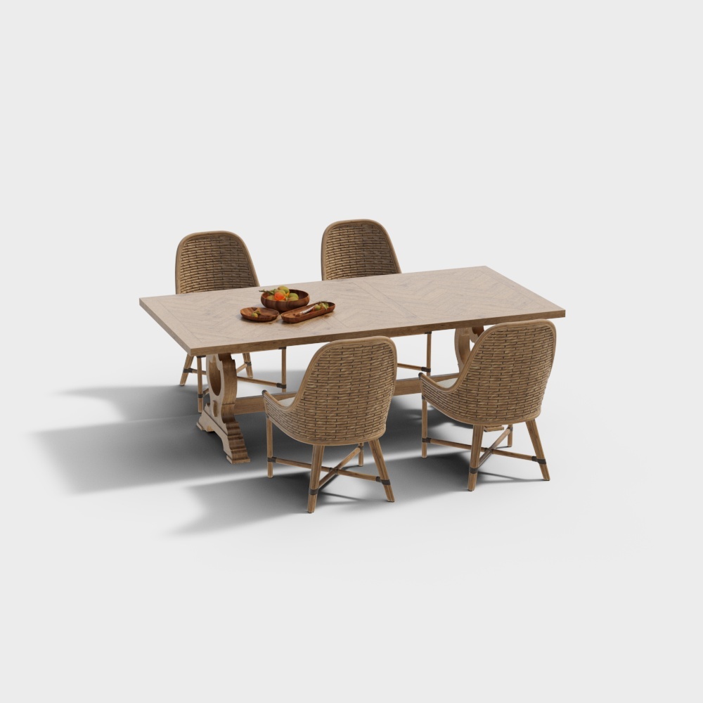 Natural Style Table and Chairs 3D Model – Wood & Rattan Set
