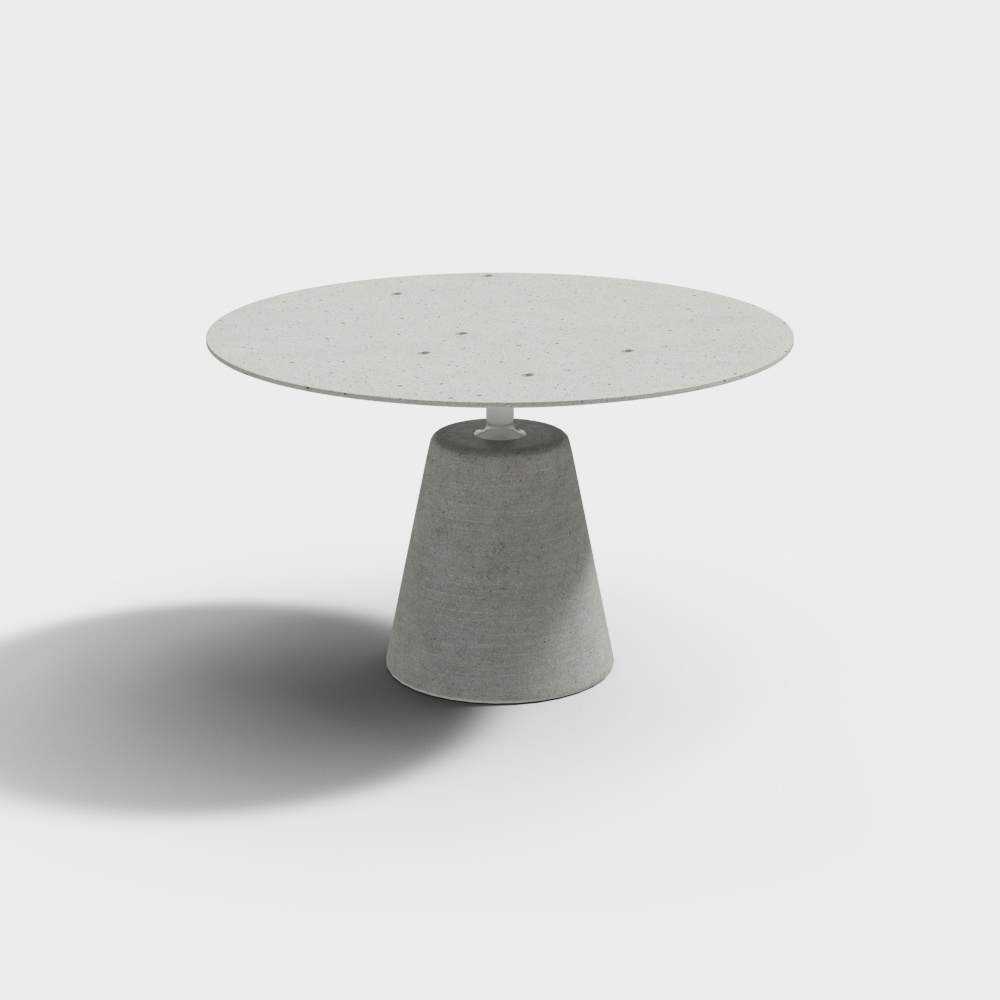 Modern round dining table with white marble top and black metal legs on white background