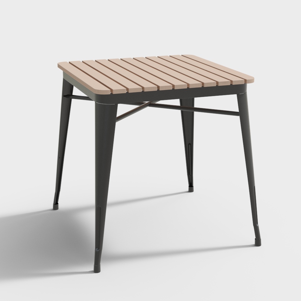 Modern square side table with wood top and black metal legs on white background