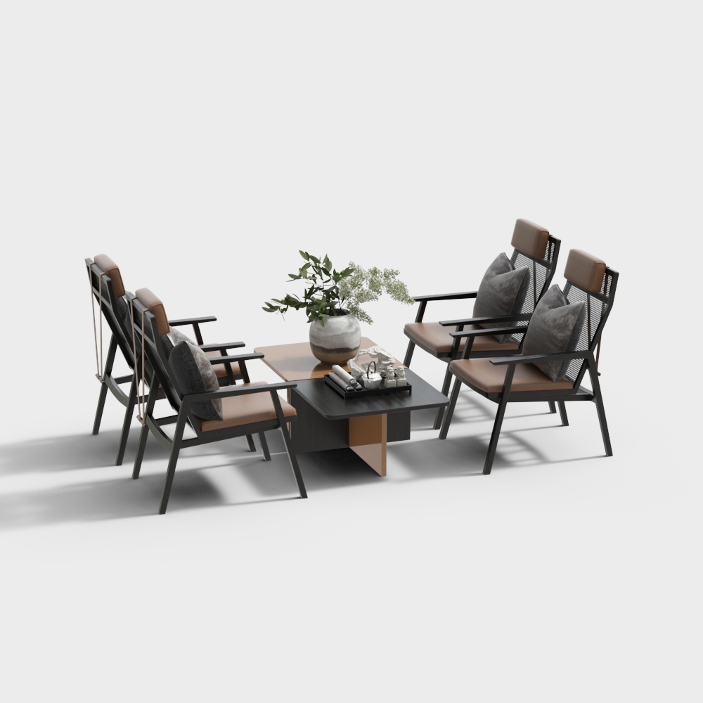 Elegant Low-Poly Furniture Set – Black Metal & Leather