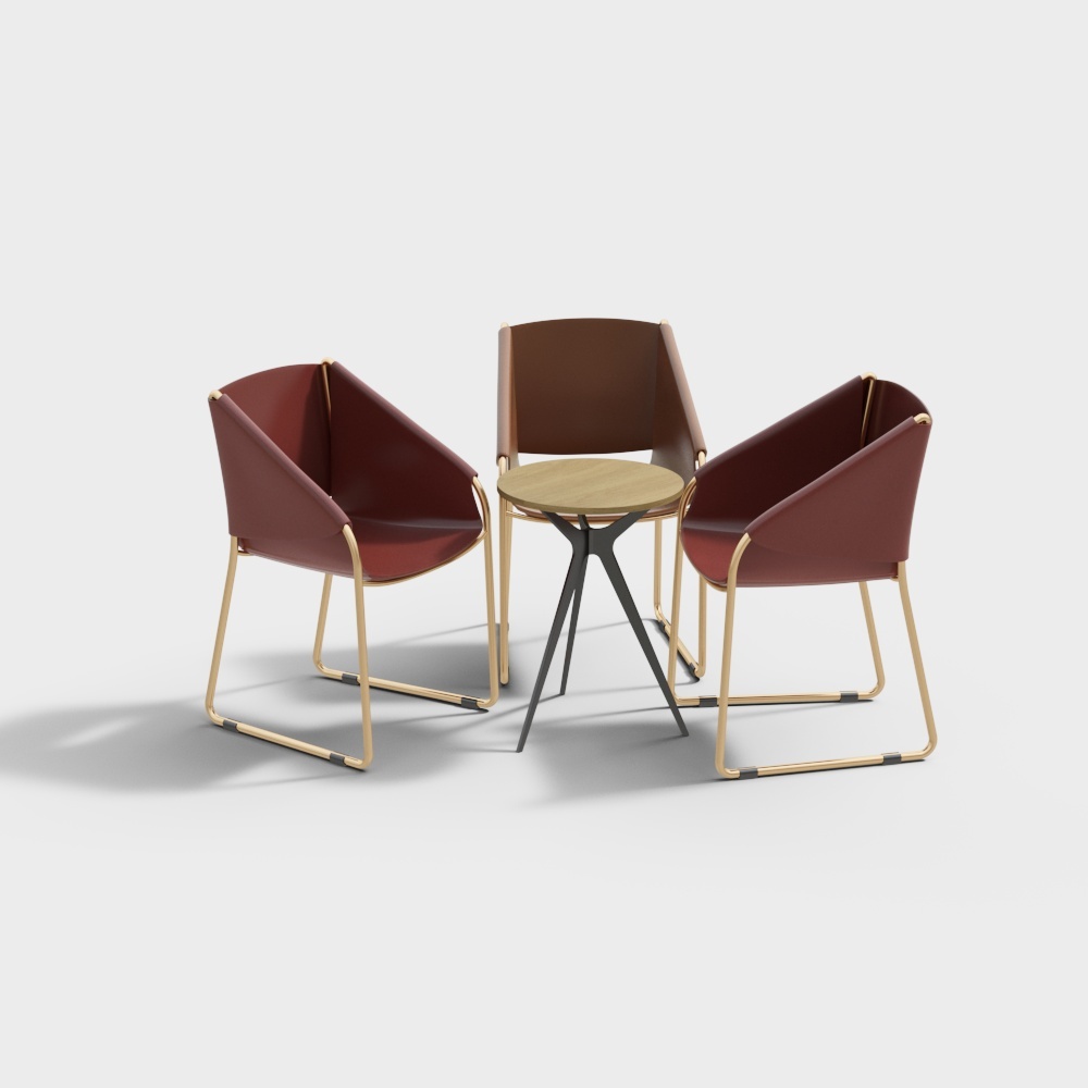 Three red leather chairs with gold metal legs and small round wood table on white background