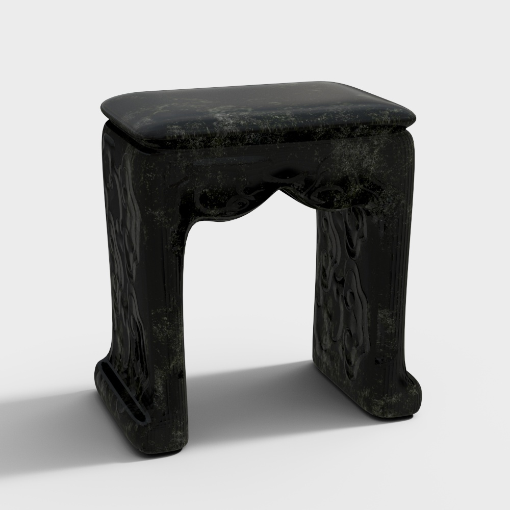 Black stone stool with carved legs and aged finish texture on white background