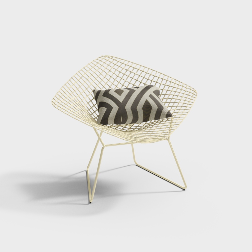 Modern gold metal wire lounge chair with grey and white patterned pillow on white background