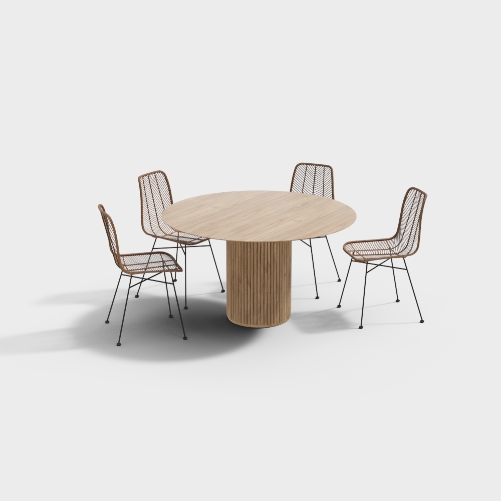 Modern round dining table with fluted wood base and four wire chairs on white background