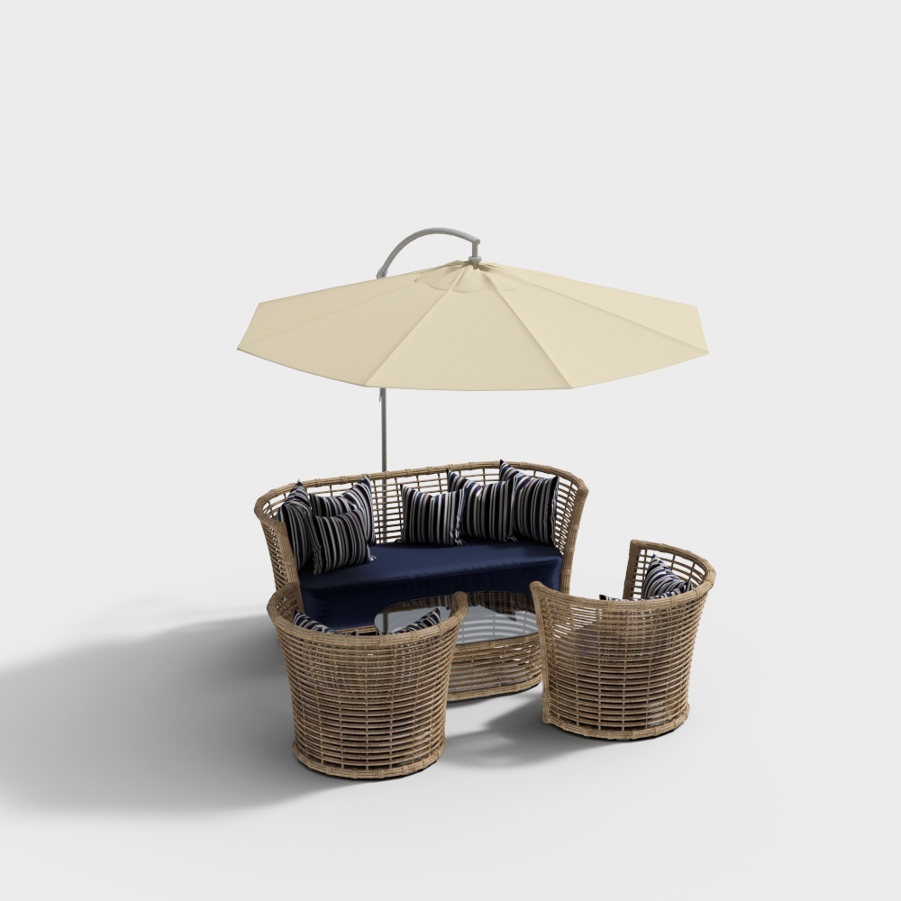 Stylish Outdoor Furniture Set 3D Model – Rattan & Blue Cushions