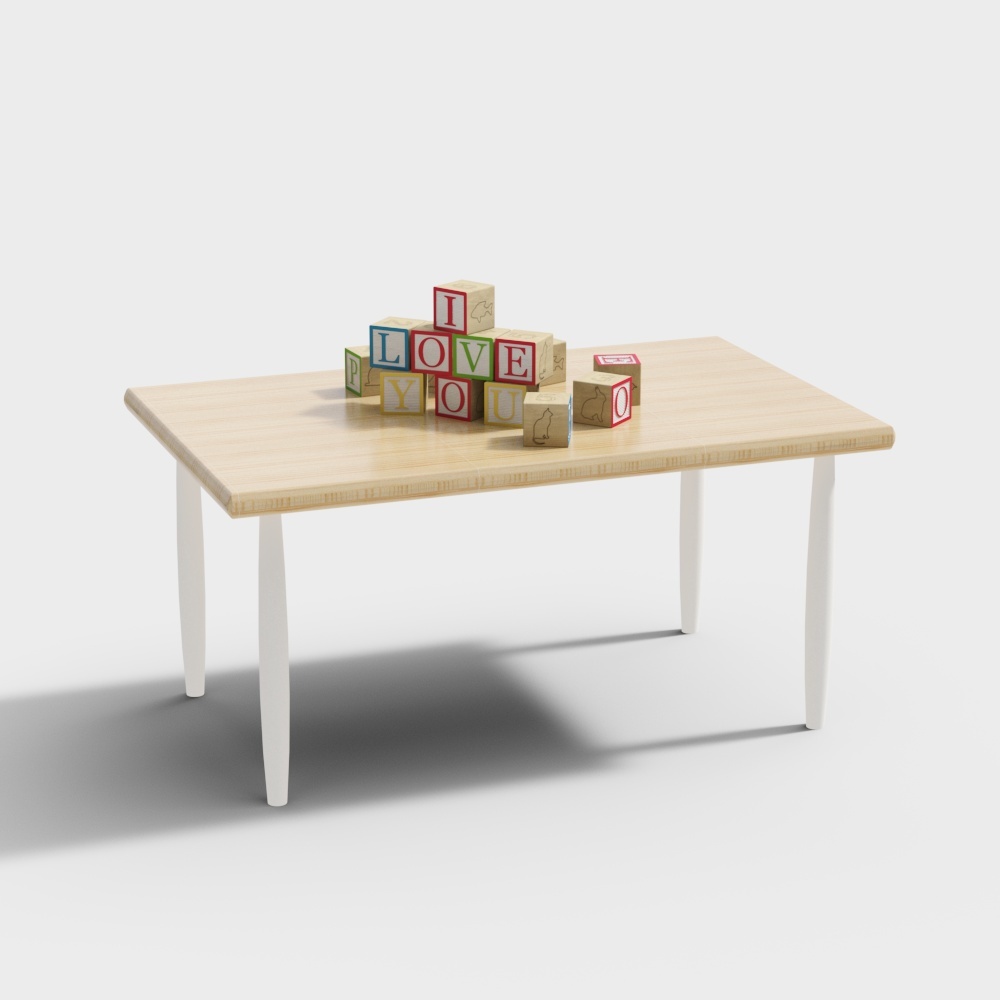 Light wood rectangular kids table with white legs and colorful letter blocks on white background