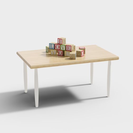 Light wood rectangular kids table with white legs and colorful letter blocks on white background