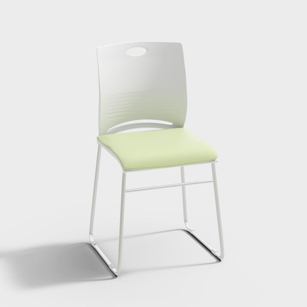 Modern white plastic chair with light green cushion and metal legs on white background