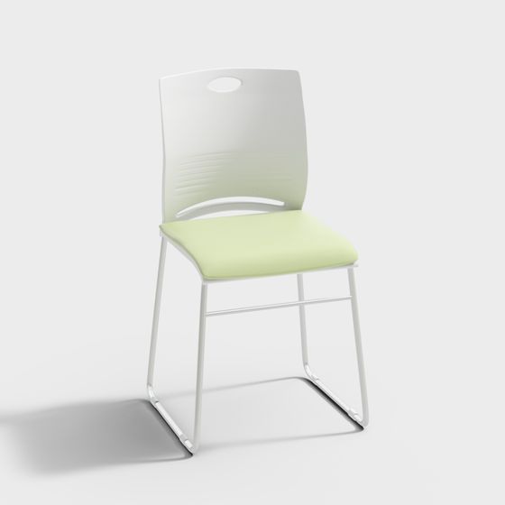 Modern white plastic chair with light green cushion and metal legs on white background