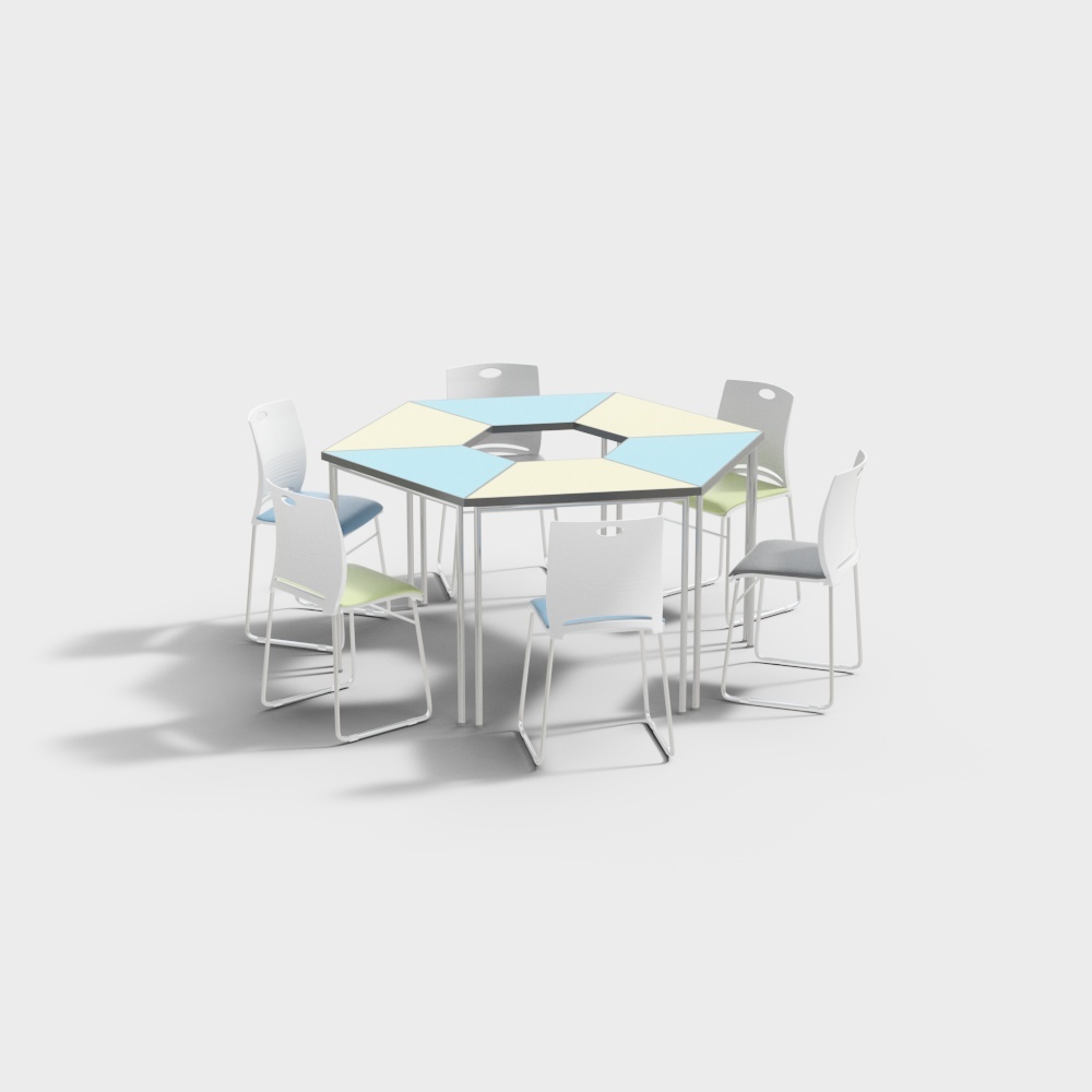 Hexagonal modular table with blue yellow tops and six white chairs on grey background