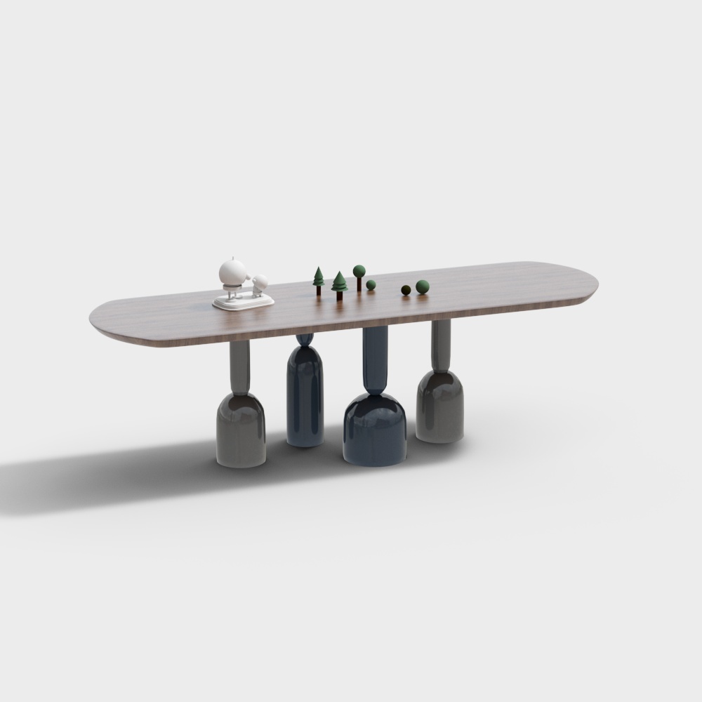 Modern long oval wooden table with unique grey and blue legs on white background