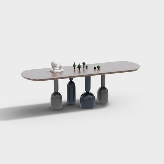 Modern long oval wooden table with unique grey and blue legs on white background