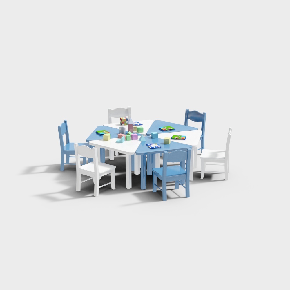Modern kindergarten research room white and blue tables and chairs