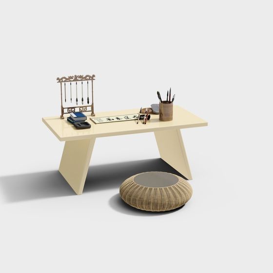 Elegant Minimalist Oriental-Style Table and Chair 3D model