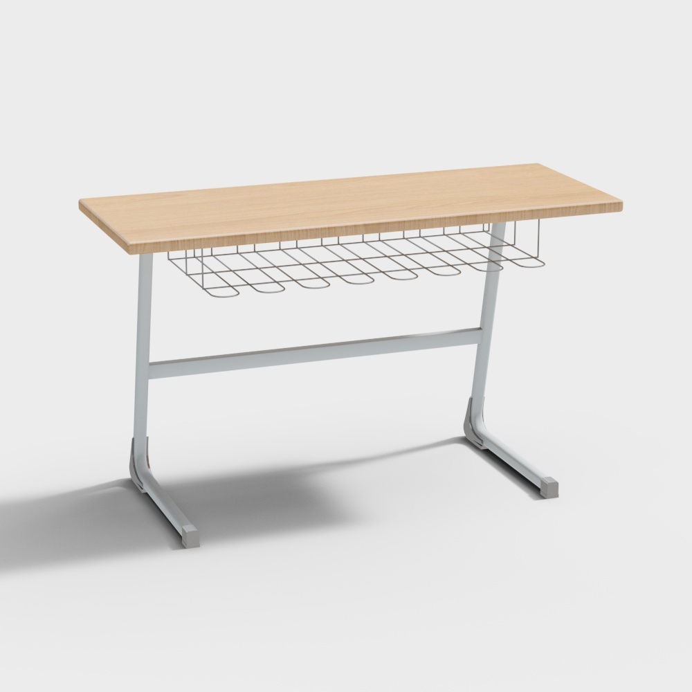 Modern light wood desk with silver metal legs and wire basket on white background