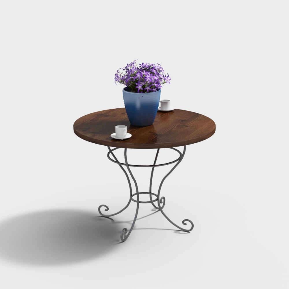 Round dark wood top table with black metal legs on white background