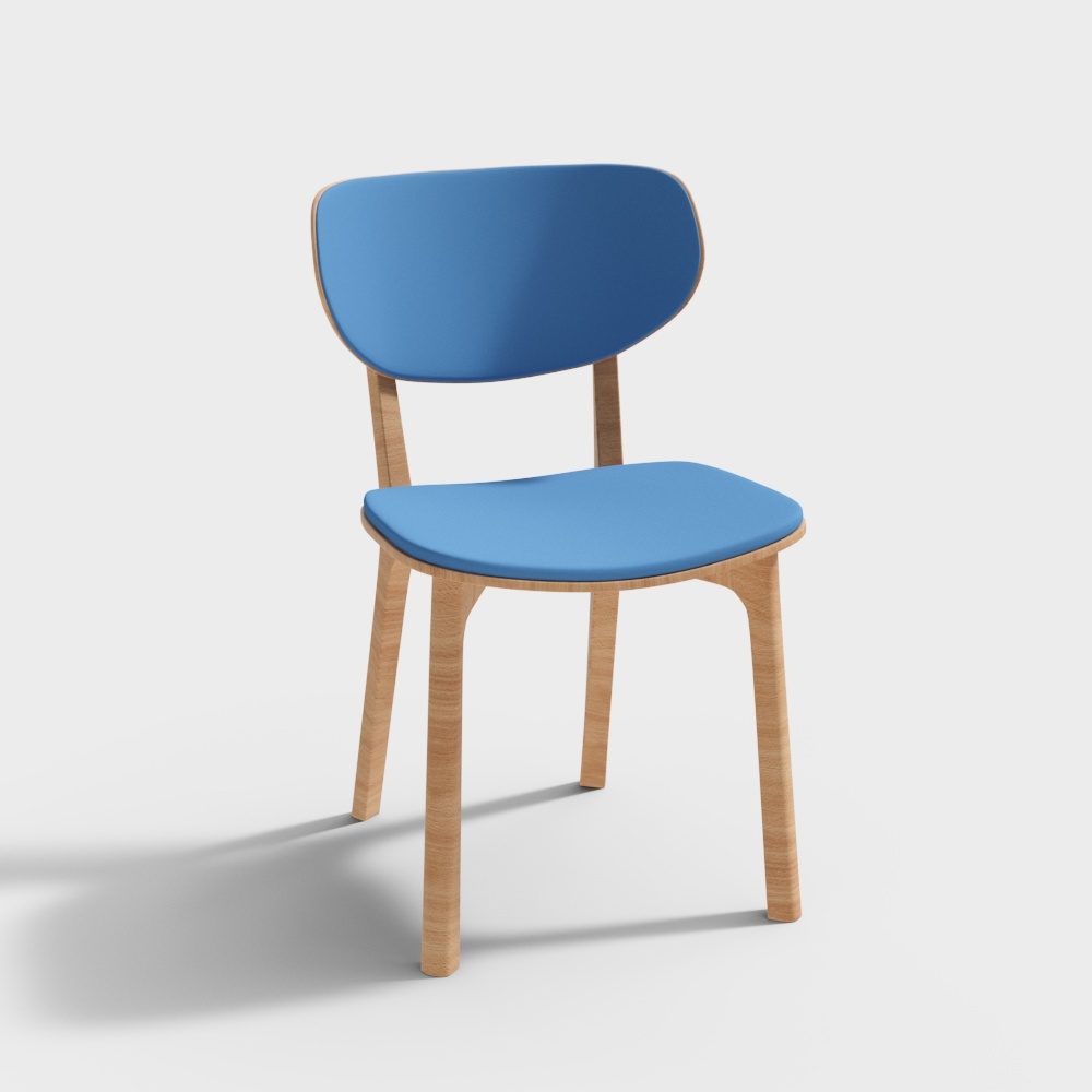 Modern blue plastic dining chair with light wood legs on white background