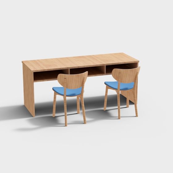 Wooden Desk and Chair Set 3D model