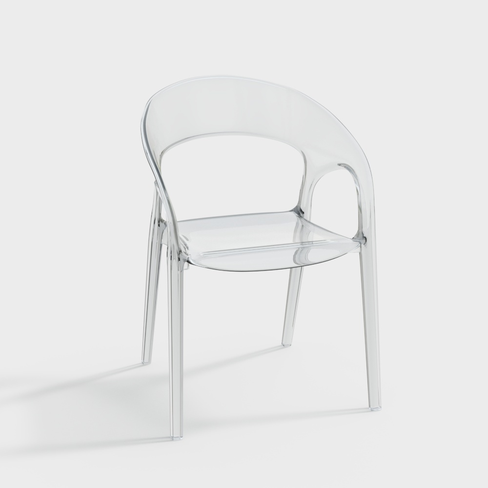Modern transparent plastic dining chair with curved back and armrests on white background