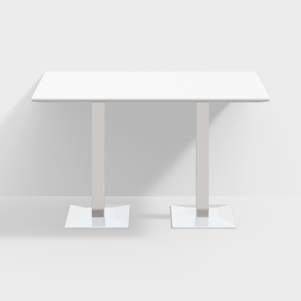 Modern white rectangular table with two silver metal legs and square bases on grey background