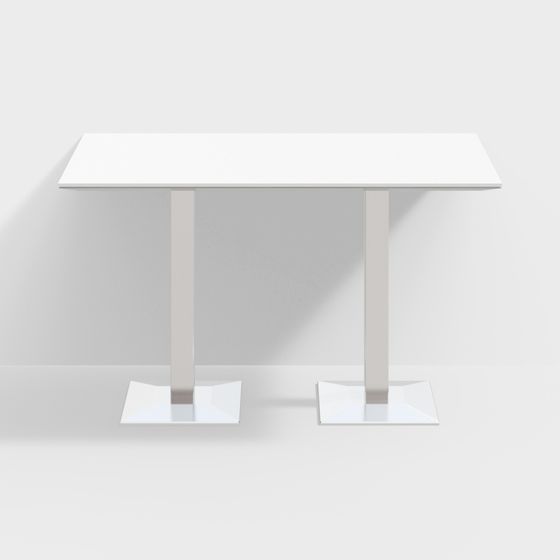 Modern white rectangular table with two silver metal legs and square bases on grey background