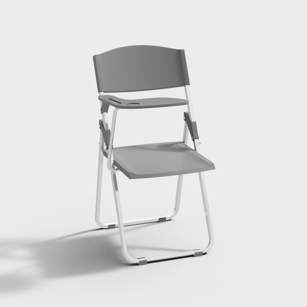 Grey plastic folding chair with white metal frame and curved backrest on light grey background