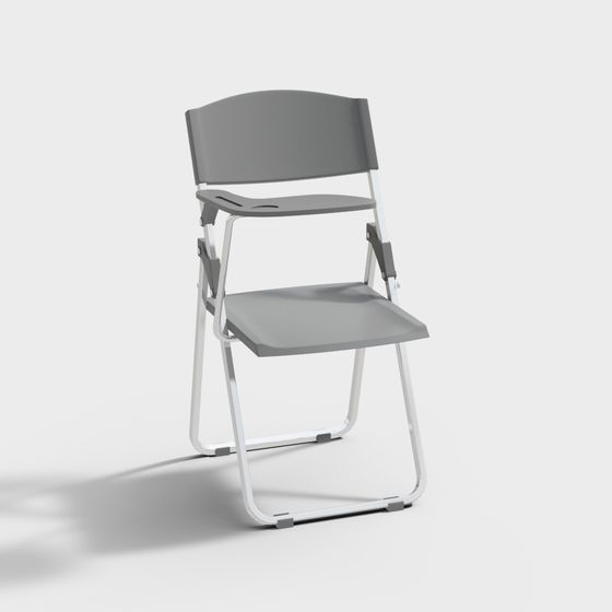 Grey plastic folding chair with white metal frame and curved backrest on light grey background