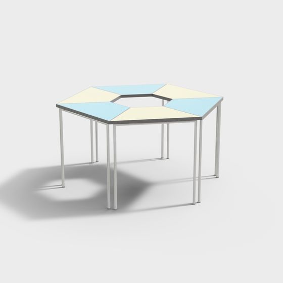Modern hexagonal coffee table with blue and yellow top and silver legs on white background