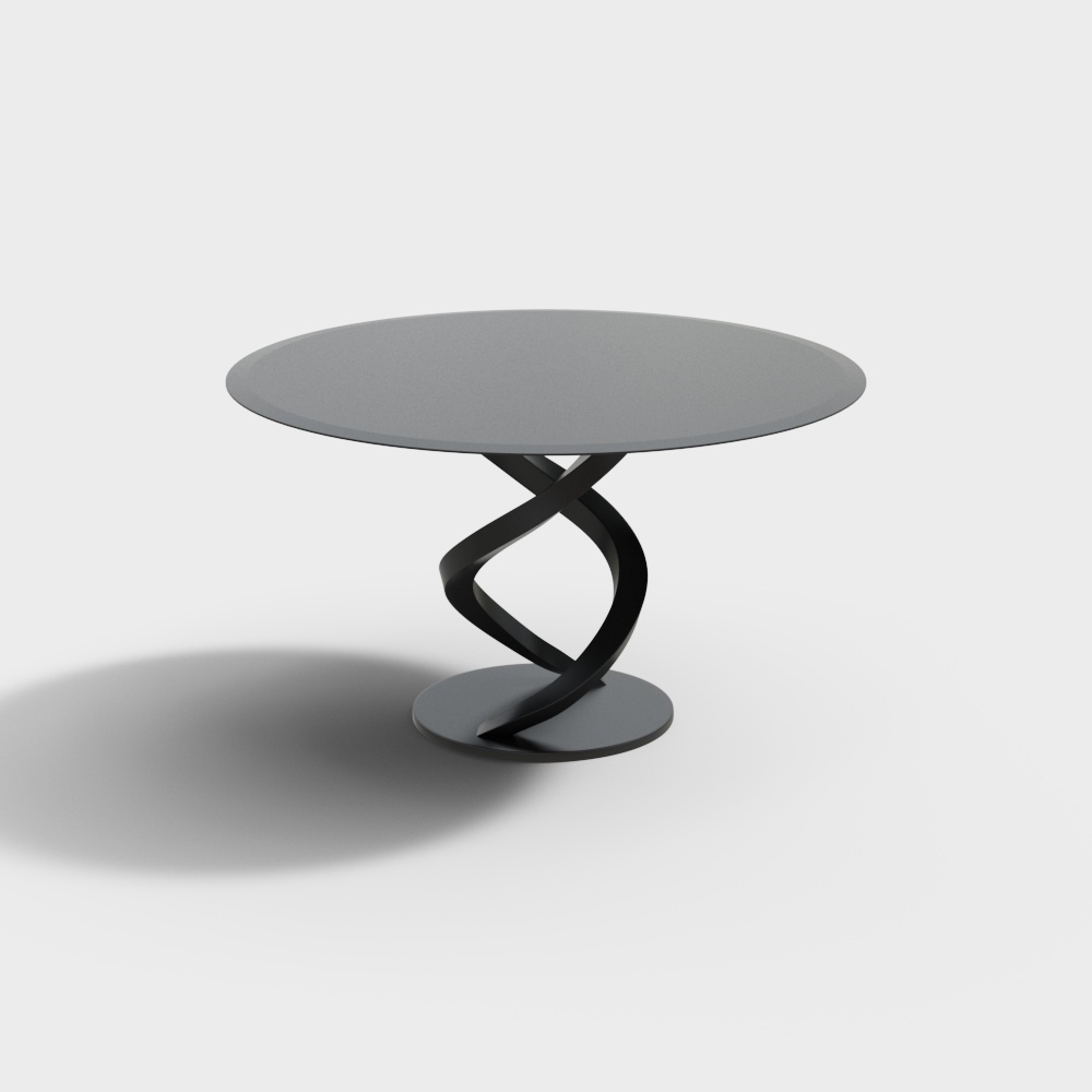 Modern round coffee table with grey top and black twisted base on white background