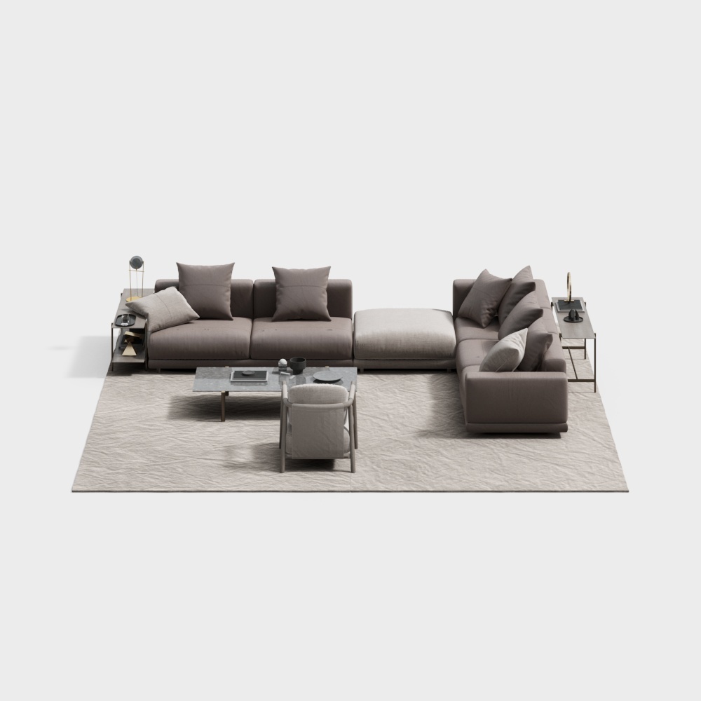 Modern brown sectional sofa set with table and chair on white background