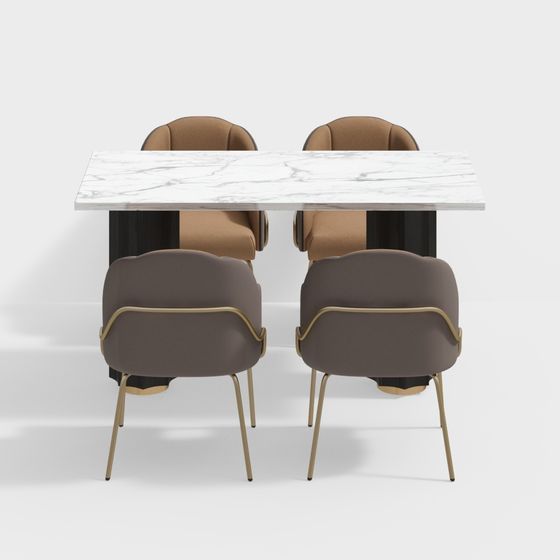 Elegant Marble Dining Table and Leather Chairs 3D model
