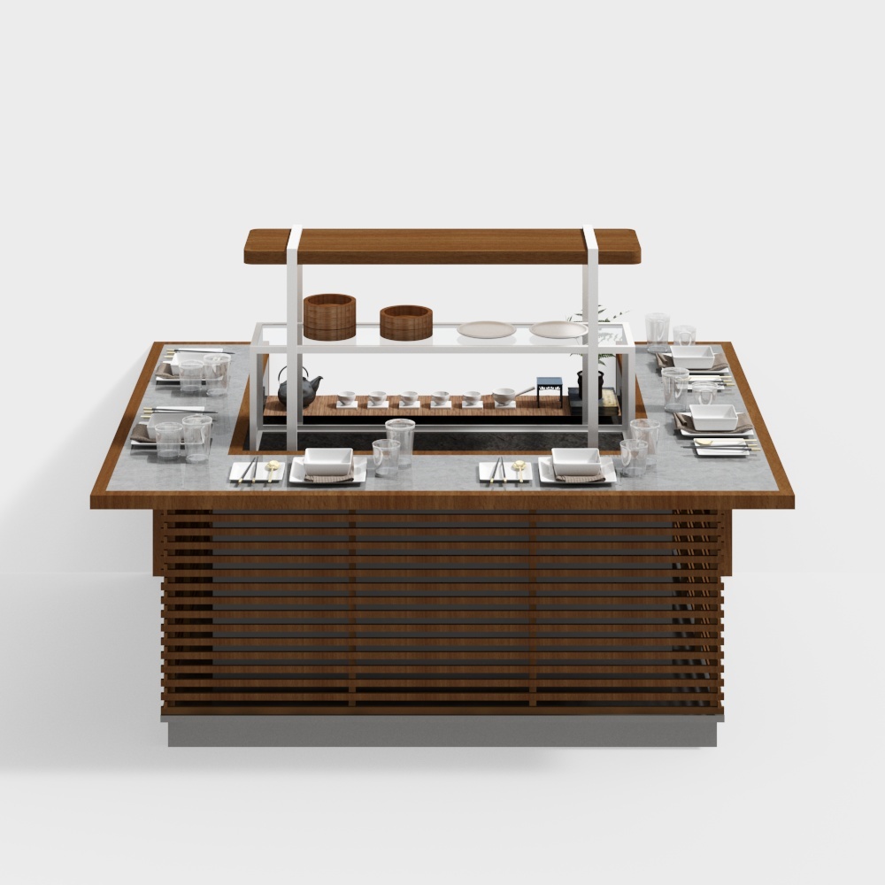 Modern wooden dining table with grey top and shelf on white background