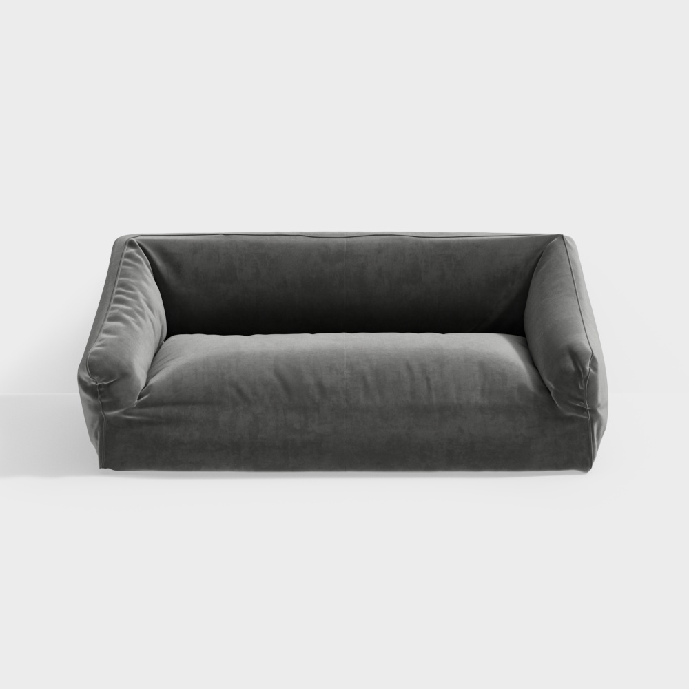Modern dark grey fabric sofa with low arms and soft cushions on white background