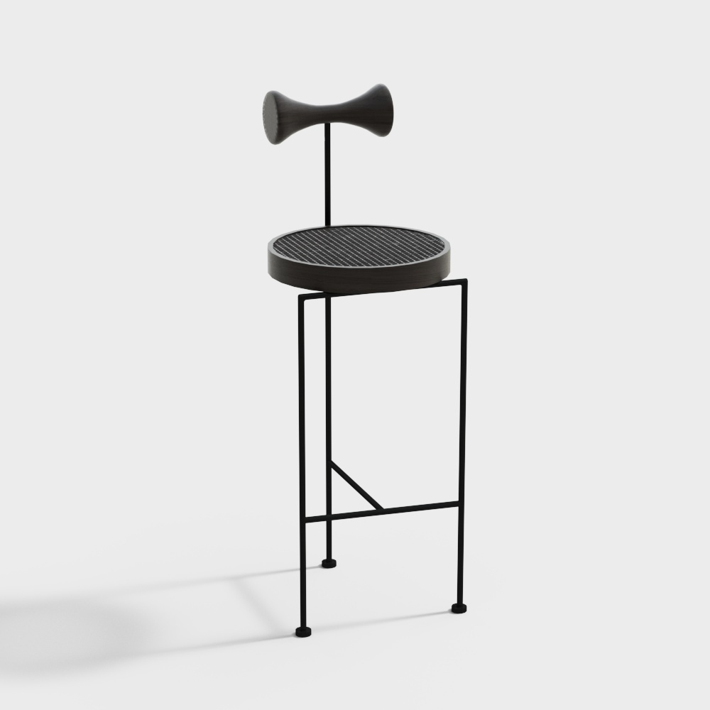 Modern black metal bar stool with round seat and wooden handle on grey background