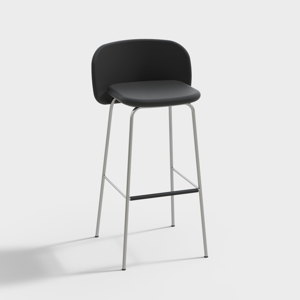 Modern black plastic bar stool with silver metal legs and footrest on white background