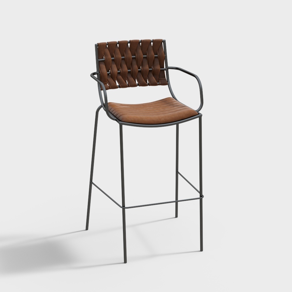 Modern brown leather bar stool with black metal frame and woven backrest on white background