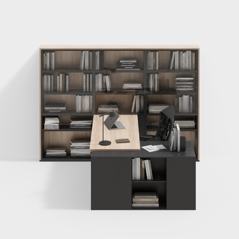 Modern office desk with bookshelf, light wood top and dark grey base on white background