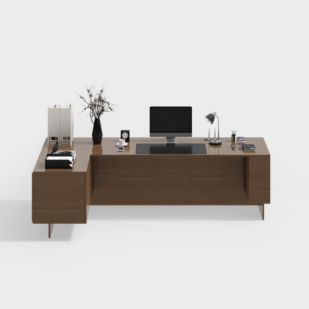 Modern L-shaped brown wooden office desk with computer and lamp on white background