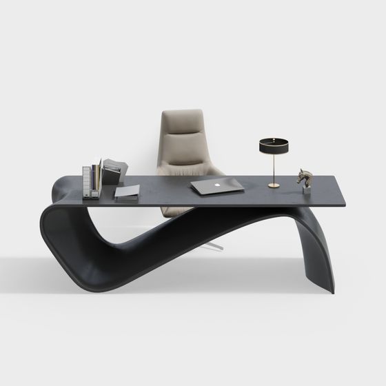 Modern Office Desk and Chair 3D Model in Black and Gray