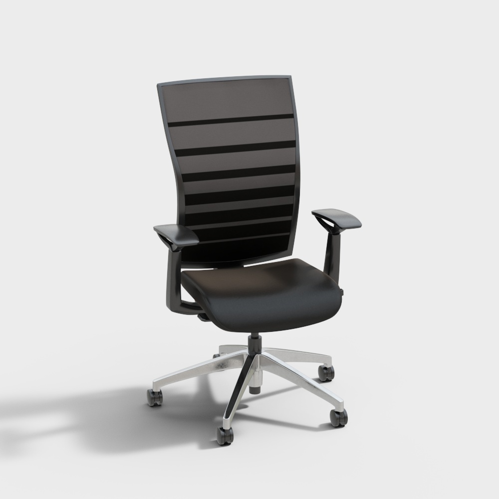 Modern black office chair with striped mesh back and silver base on white background