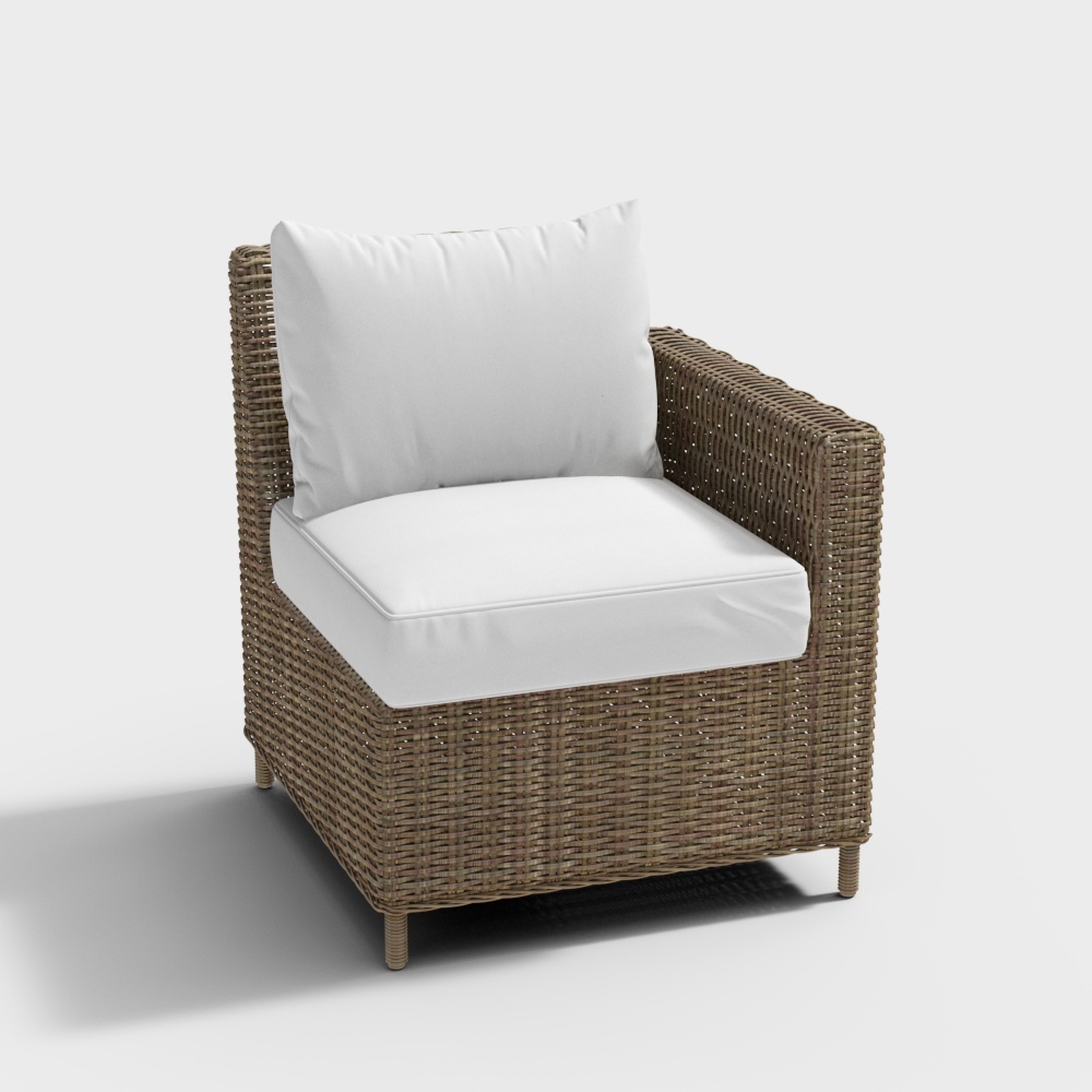 Modern brown wicker outdoor armchair with white cushions on grey background