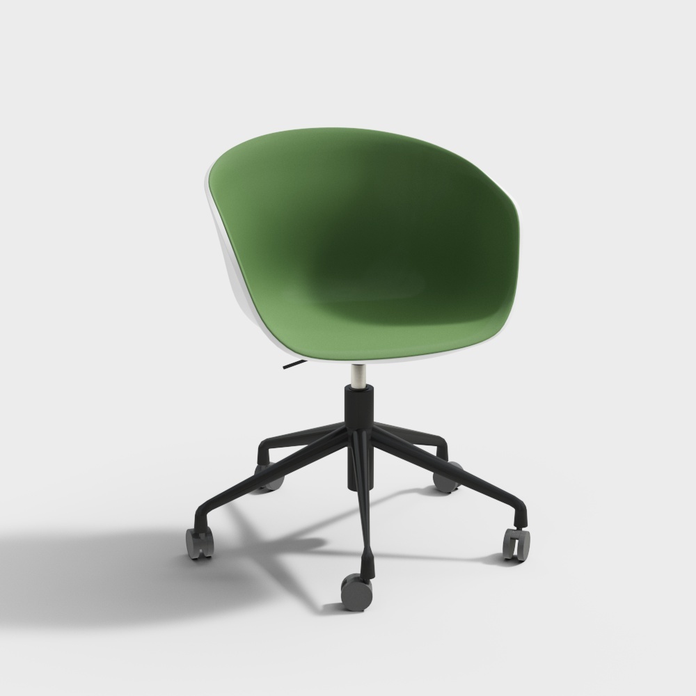 Modern green plastic office chair with white shell and black rolling base on grey background