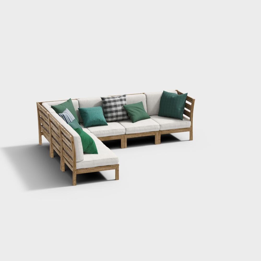 Low Poly Sofa 3D Model – Natural Wood & White Cushions