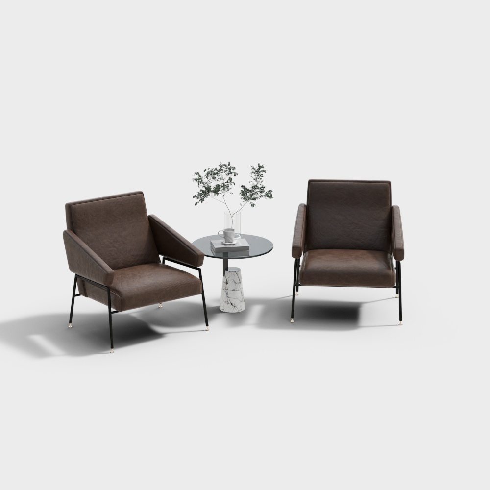 Two brown leather armchairs with black metal legs and glass side table on grey background